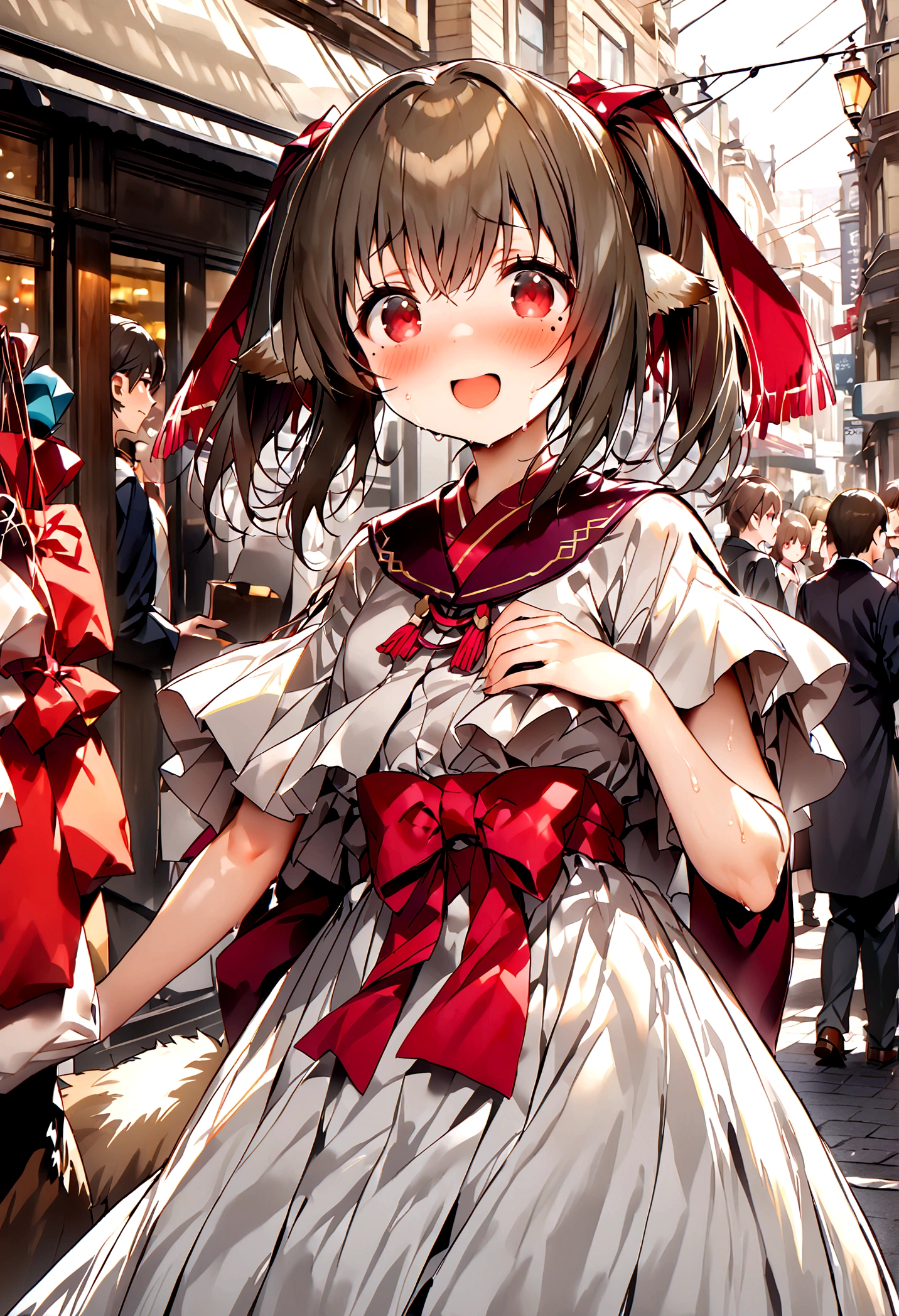 NSFW,masterpiece,Highest quality,High resolution,Super detailed,nekone \(utawarerumono\),Brown Hair、（Red Eye：1.3）、ribbon,Animal Ears,Twin tails、ヘアribbon、Mole、目の下のMole,Small breasts,(High-quality silk dress),blush,Expecting face,Be nervous,smile,bustling street,Shopping