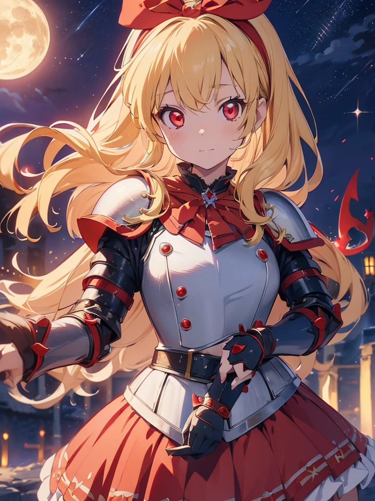 (RED Ribbon on HAIRband:1.2),(blonde hair :1.5),long hair,hair ornament,(((RED eyes))),(Anime Girl: 1.2), (Master Piece)), (Best Quality: 1.2), (8k Quality)), (Extremely Detailed Illustration)), (super fine Illustration)), an Extremely Delicate and Beautiful, Ultra High Resolution,fantasy,18 yo, cute face, kawaii,1 girl, solo,medium breasts,
(knight girl:1.5),(white diamond knight armor:1.5),((red cape)),weapon,(hand holding a trident:1.3),night,moon,castle town,outdoor:1.5,,Ichigo Hoshimiya (Aikatsu!),samurai,
