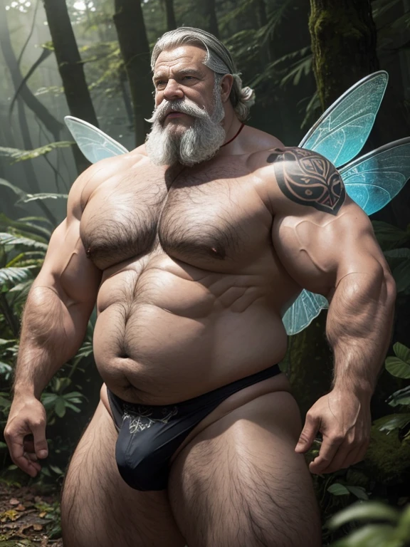 Hyperrealistic image of a Fairy Superhero with symmetrical dragonfly wings on his back, very sweaty, extremely old, over 80 years old, very muscular and fat, over 200 kg, with a naked torso, large flabby pectorals, brown nipples, very long gray hair and large gray mustaches with huge arms. tattooed in a foggy Celtic forest wearing a thong covered in leaves 