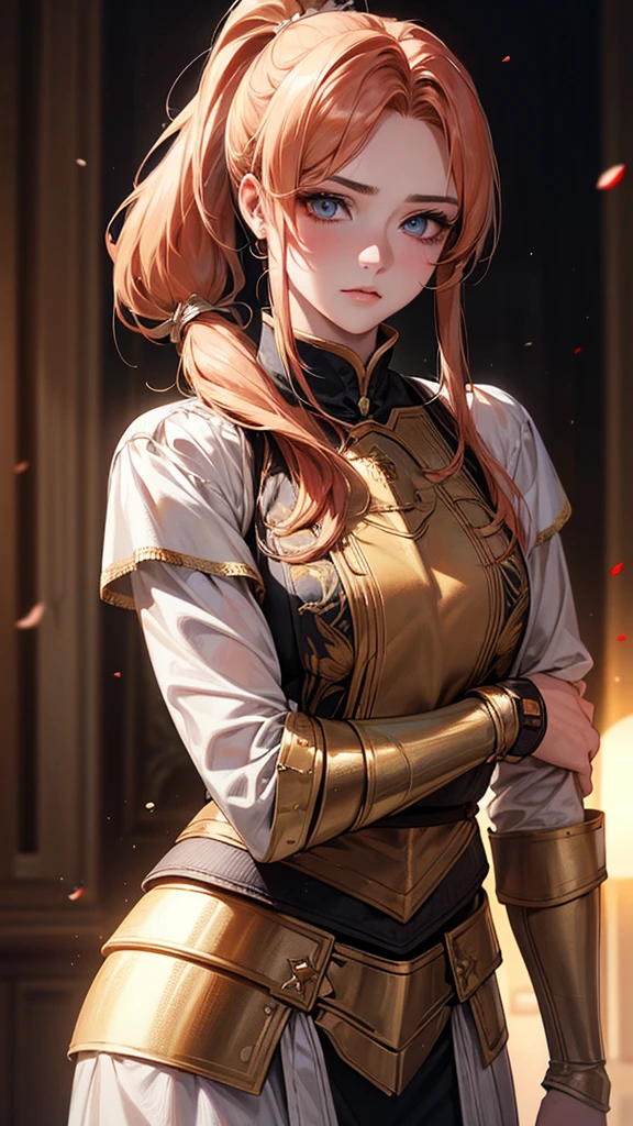 Highest quality, Ultra-high resolution, (Realistic: 1.4), Beautiful eyes, Super beautiful, Beautiful beauty, One person、knight, Western style red toneagic、inflammation、whole body、(Golden Hair、ponytail),Beautiful soldier, Eyes that beckon, Droopy eyeistress's point of view, Attractive look, Fearless smile, (Perfect Anatomy, Anatomically correct, Highly detailed skin), Dancing,