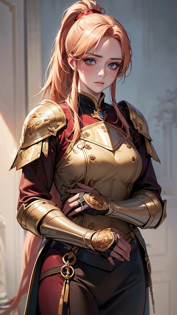 Highest quality, Ultra-high resolution, (Realistic: 1.4), Beautiful eyes, Super beautiful, Beautiful beauty, One person、knight, Western style red toneagic、inflammation、whole body、(Golden Hair、ponytail),Beautiful soldier, Eyes that beckon, Droopy eyeistress&#39;s point of view, Attractive look, Fearless smile,  (Perfect Anatomy, Anatomically correct, Highly detailed skin), Dancing, 