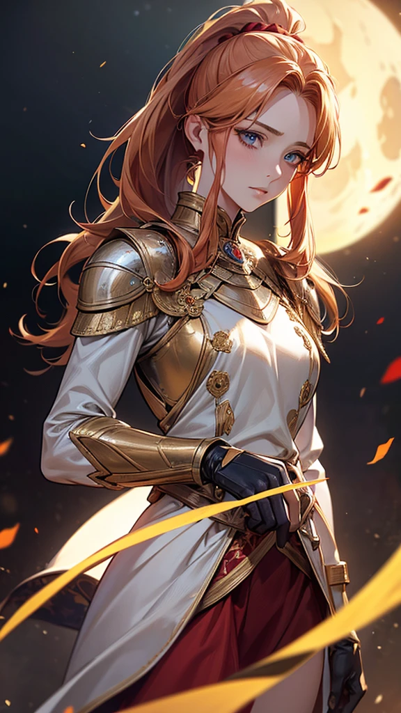 Highest quality, Ultra-high resolution, (Realistic: 1.4), Beautiful eyes, Super beautiful, Beautiful beauty, One person、knight, Western style red toneagic、inflammation、whole body、(Golden Hair、ponytail),Beautiful soldier, Eyes that beckon, Droopy eyeistress's point of view, Attractive look, Fearless smile, (Perfect Anatomy, Anatomically correct, Highly detailed skin), Dancing,