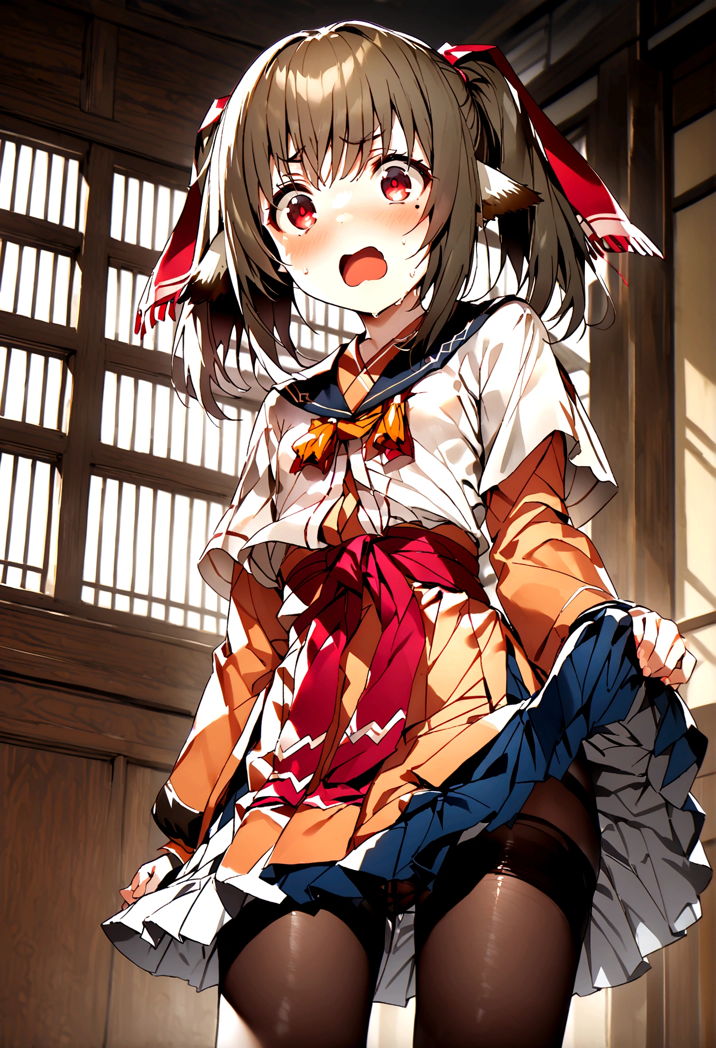 NSFW,masterpiece,Highest quality,High resolution,Super detailed,nekone \(utawarerumono\),Brown Hair、（Red Eye：1.3）、ribbon、Animal Ears、Twin tails、ヘアribbon、Mole、目の下のMole,Small breasts,uniform,mini skirt,pantyhose,Shocked face,Half an eye,School