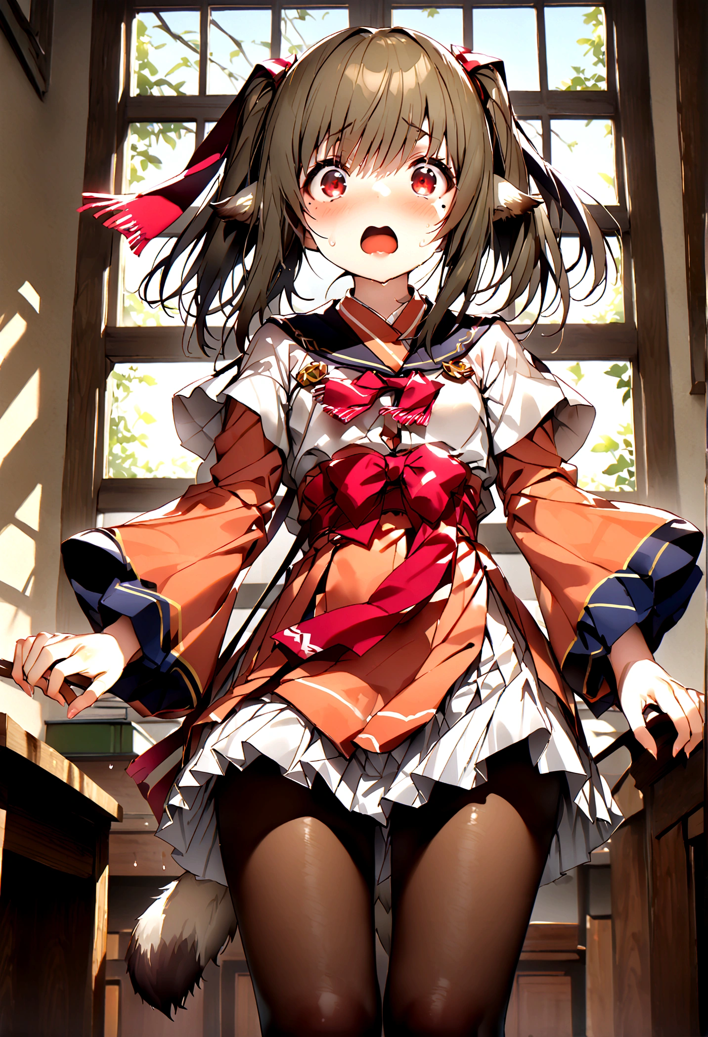 NSFW,masterpiece,Highest quality,High resolution,Super detailed,nekone \(utawarerumono\),Brown Hair、（Red Eye：1.3）、ribbon、Animal Ears、Twin tails、ヘアribbon、Mole、目の下のMole,Small breasts,uniform,mini skirt,pantyhose,Shocked face,Half an eye,School