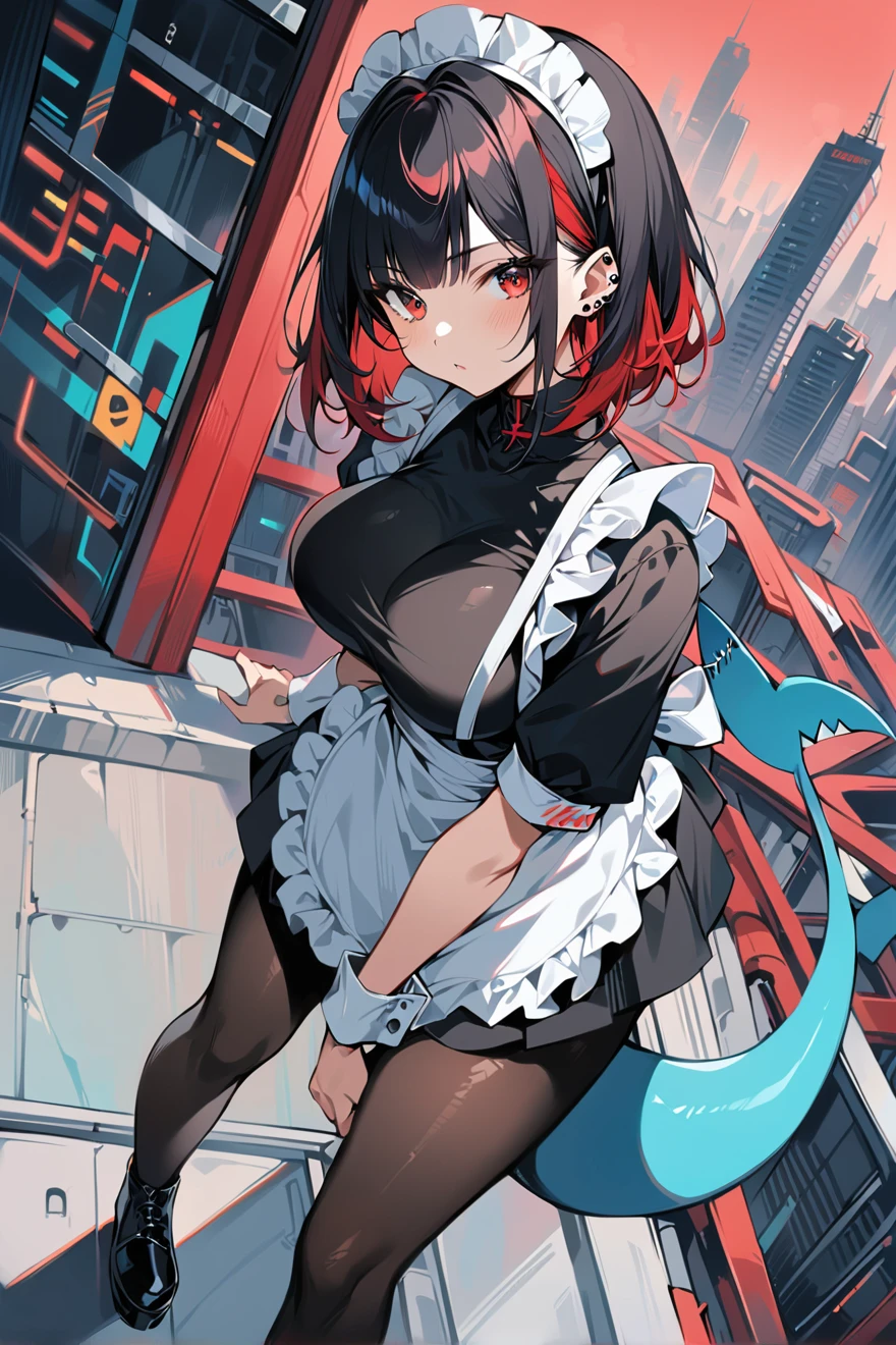 score_9, score_8_up, score_7_up, cameltoe, commentary_request, medium_breasts, highres, black_panties, hairclip, navel, cowboy_shot, white_border, stomach, pulled_by_self, red-framed_eyewear, solo, 1girl, looking_at_viewer, closed_mouth, glasses, ELLEN JOE, MAID, BLACK SHARK TAIL, (SHARK GIRL:0.5), 1GIRL, RED EYES, TAIL, PANTYHOSE, black hair,MULTICOLORED HAIR outdoors, smile, absurdres, legs_together, panty_pull, thick_thighs, white background
