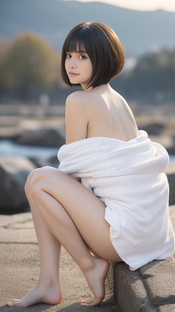 (Highest quality, Very detailed, masterpiece:1.2), 1 female, Very thin body, length, Thin legs, ((Black short hair:1.2)), ((Thick and fluffy bangs)), whole body,Very detailedな顔,A faint smile, small, Thin Nose, small thin mouth, Japanese, Beautiful Face, Realistic eyes, Beautiful and beautiful eyes, Realistic Skin, Beautiful Skin, charm, (A vivid face), Beautiful Hairstyles,(Fluffy white cotton towel:1.3), ((No sleeve, Strapless):1.3), (A plain white towel wrapped around a naked body:1.4), (Sheath Line:1.3), (A soft, thick white towel with fluffy edges:1.4), ((Bare shoulders, Bare arms, knees):1.3), (barefoot:1.3),,Dynamic pose , Turn face to the side, angle, Gothic design, Creepy and unique hairstyles, High resolution, Vibrant color palette,(Dynamic Pose,From the side,arched back),Old castle in the background, Strange lighting, and a small, Old castle in the background,