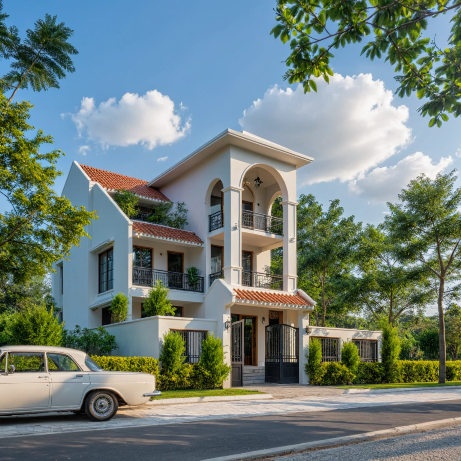 Masterpiece, 4k pixcel, high quality, best quality, authentic, super detail, outdoors, onestoreyvillaXL, aiaigroup ,stairs, white wall ,road,pavement, grass, trees, sky, cloud, (daylight:1.1) swimming pool, Increase image clarity, indochine style house on street