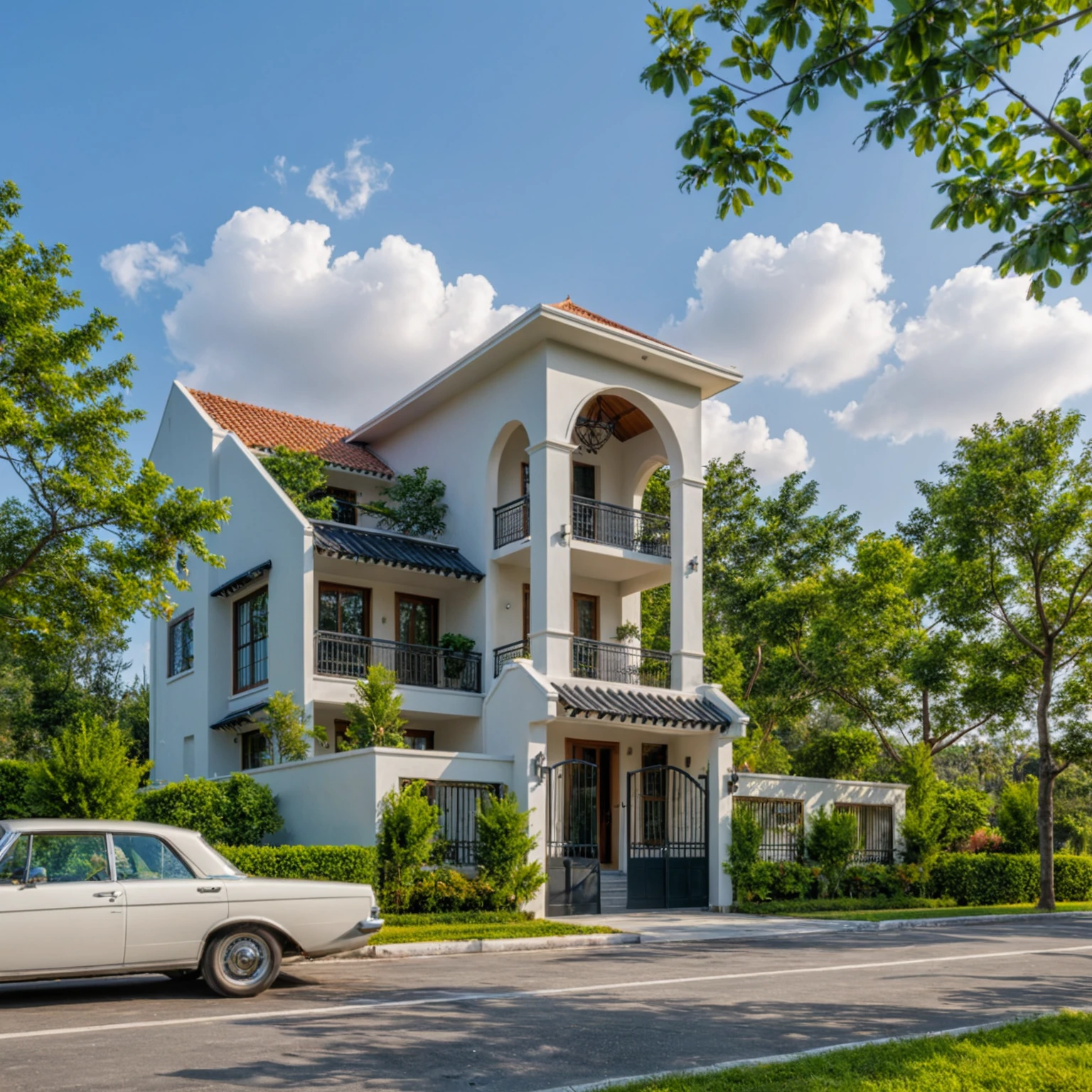 Masterpiece, 4k pixcel, high quality, best quality, authentic, super detail, outdoors, onestoreyvillaXL, aiaigroup ,stairs, white wall ,road,pavement, grass, trees, sky, cloud, (daylight:1.1) swimming pool, Increase image clarity, indochine style house on street
