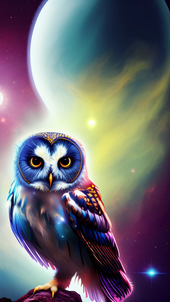 A white owl looking into space, dream-like, shine, Bewitched, Gradation, Colorful, Soft Light, Ultra HD, Beautiful fantasy art