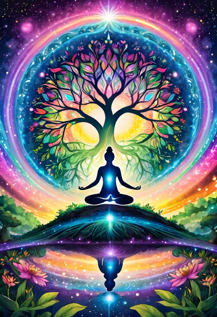 people doing yoga, their legs are the roots of a tree, the roots of the tree are connected to the center of the earth, the first chakra, mandala, above the earth, mystical world, plants, shooting stars, pastel rainbow colors Light of