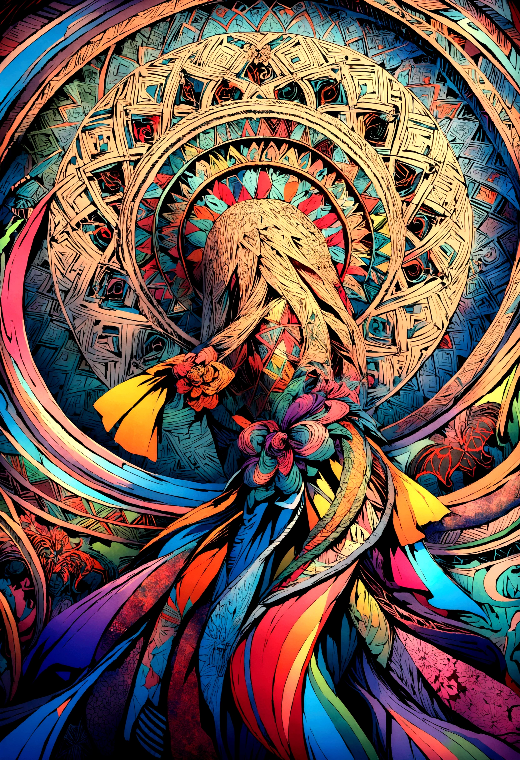 Official Art, unity 8k wallpaper, Super detailed, beautiful and aesthetic, beautiful, masterpiece, Highest quality, (zenTangle, Mandala, Tangle, enTangle), (Flower Ecstasy:1.2) Dynamic Angle, Cowboy Shot, the most beautiful form of chaos, elegant, Brutalist design, Vibrant colors, Romanticism, Atmospheric information