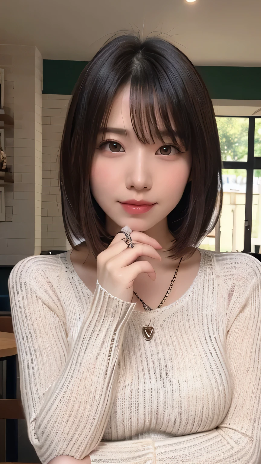 In detail, High resolution, high quality、Perfect dynamic composition, Beautiful fine details, Beauty、Natural color lip、The background is clear、Shooting up close、((((Cafe、Black long sleeve knit))))、 year-old woman、Married women、Face is close、1 person、 最high quality, Very detailed, In detail, High resolution, 8K、The correct state of the human body、Shiny wet hair、Perfect beautiful face、Big Breasts、G-cup bust、necklace、Slender body、Big eyes、Big dark eyes、looking at the camera、smile、Upper body only、Random sexy poses、ring、milf、Japanese、Cute Girls