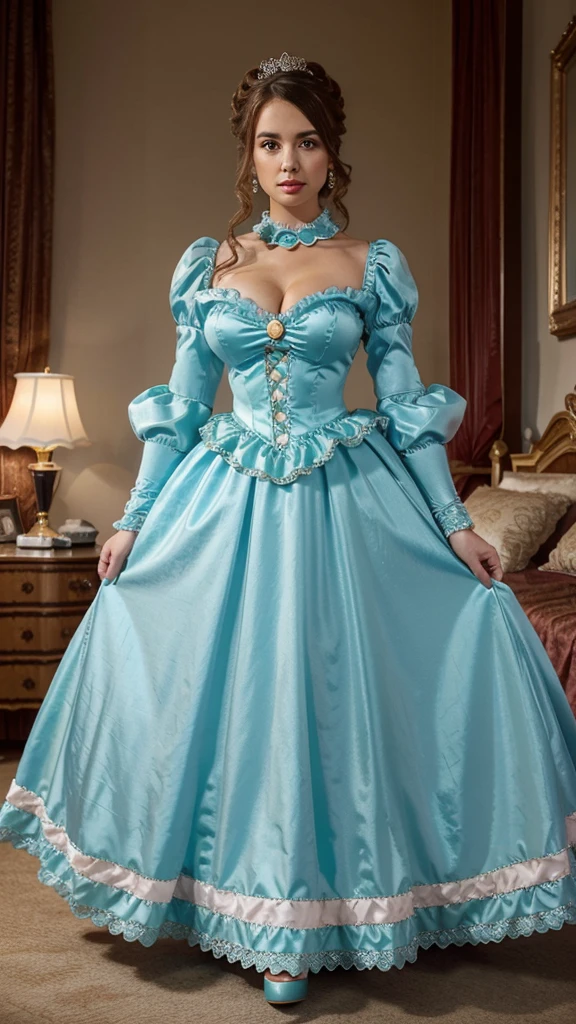 There stands a woman in a light blue-green satin Quinceanrra dress with long puff sleeves and gloves and a stand-up collar in front of a bed, turquoise dress, Anime Princess, lovely, lazy princess, long dress, lovely weibliche Prinzessin, lovely Prinzessin, elegantes glamouröses Cosplay, Nice costume, medieval princess, high-quality costume, Fantasy dress, Rococo style dress, Victorian dress, fully covered dress, royal dress, lovely Königin, wearing a wonderful dress,reifrock,coseted women with big breasts,diamond Collar,diamonds big earrings, Updo decorated with pearls,high heels, Full body photo, lascivious look,ruffles, many ruffles,detailed Face, long eyelashes, colorful eye shadow, Pink Lipgloss,