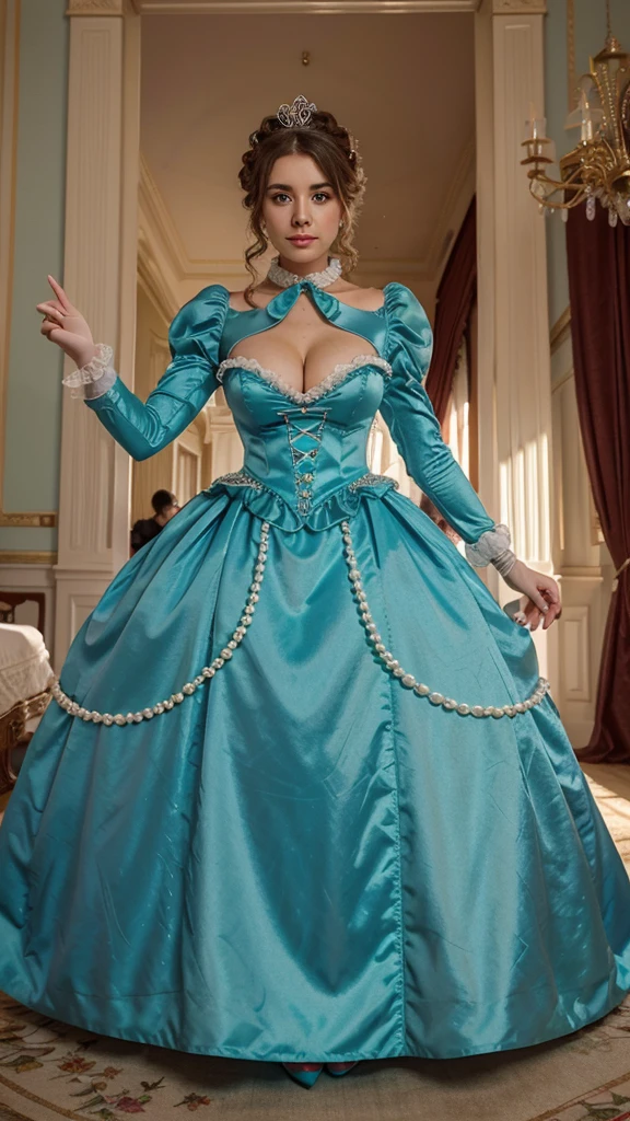 There stands a woman in a light blue-green satin Quinceanrra dress with long puff sleeves and gloves and a stand-up collar in front of a bed, turquoise dress, Anime Princess, lovely, lazy princess, long dress, lovely weibliche Prinzessin, lovely Prinzessin, elegantes glamouröses Cosplay, Nice costume, medieval princess, high-quality costume, Fantasy dress, Rococo style dress, Victorian dress, fully covered dress, royal dress, lovely Königin, wearing a wonderful dress,reifrock,coseted women with big breasts,diamond Collar,diamonds big earrings, Updo decorated with pearls,high heels, Full body photo, lascivious look,ruffles, many ruffles,detailed Face, long eyelashes, colorful eye shadow, Pink Lipgloss,