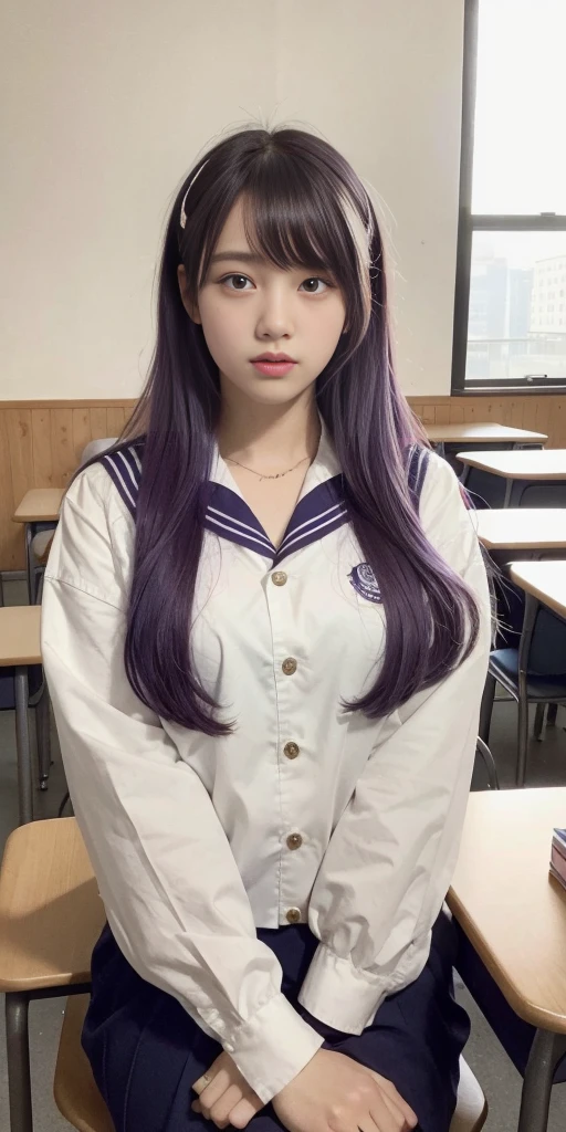(Magazine cover style illustration of a vibrant, stylish woman), An eighteen-year-old young woman with long purple hair in a sailor suit sits in a classroom (school 1.5 in the background) (expression serious, cold 1.5) (best quality: 1.1) (masterpiece: 1.3) with an unparalleled masterpiece, surreal 8K, perfect artwork, super detail, best quality, masterpiece 4K wallpaper aesthetics, masterpiece, award-winning artwork, official art, cinematic lighting