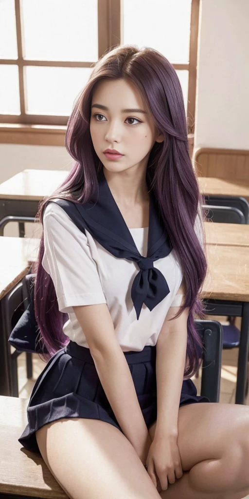 (Magazine cover style illustration of a vibrant, stylish woman), An eighteen-year-old young woman with long purple hair in a sailor suit sits in a classroom (school 1.5 in the background) (expression serious, cold 1.5) (best quality: 1.1) (masterpiece: 1.3) with an unparalleled masterpiece, surreal 8K, perfect artwork, super detail, best quality, masterpiece 4K wallpaper aesthetics, masterpiece, award-winning artwork, official art, cinematic lighting