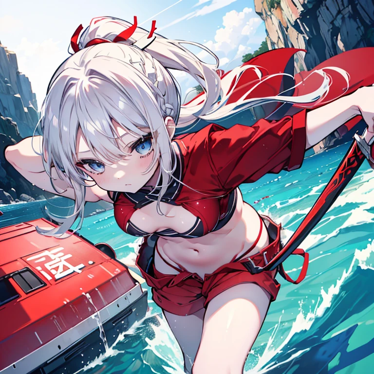 1 girl、Mature、Ample breasts、White Hair、Long Hair、Blue Eyes、ponytail、ハイponytail、Braid、Red costume、Shoulder Bare、Belly button、Shorts、Bewitching lol、Holding a sword、Ready for battle、Bust-up perspective、Leaning forward、evening、Ocean、On the boat、High resolution、Highest quality