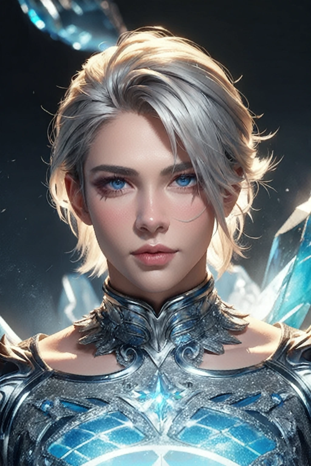 a woman in a silver outfit with blue eyes and a sword, attractive androgynous humanoid, beautiful androgynous prince, ig model | artgerm, artgerm ; 3d unreal engine, extremely detailed artgerm, fanart best artstation, lineage 2 revolution style, hyperrealistic fantasy art, delicate androgynous prince