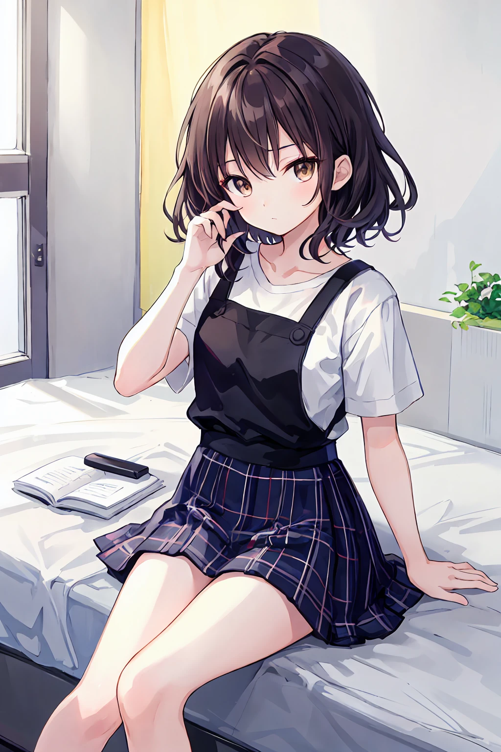 (),Highest quality,Beautiful face in every detail,cute,Dark brown eyes,(背の低いcute女の子,Littlg and delicate girl),(masterpiece,Highest quality),Black Hair,Sleepy look,Short sleeve white shirt,Plaid white skirt,Pitiful,Pitiful,Pitiful,Underwear visible,Anatomically correct