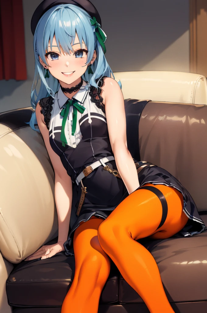 1girl, solo, detailed face,SuiseiStreet, long hair, half updo, black beret, black dress, collared dress, sleeveless, bow earrings, lace choker, neck ribbon, black belt, (((orange pantyhose))), o-ring thigh strap, single garter strap,,looking viewer,smile,small breasts,on sofa