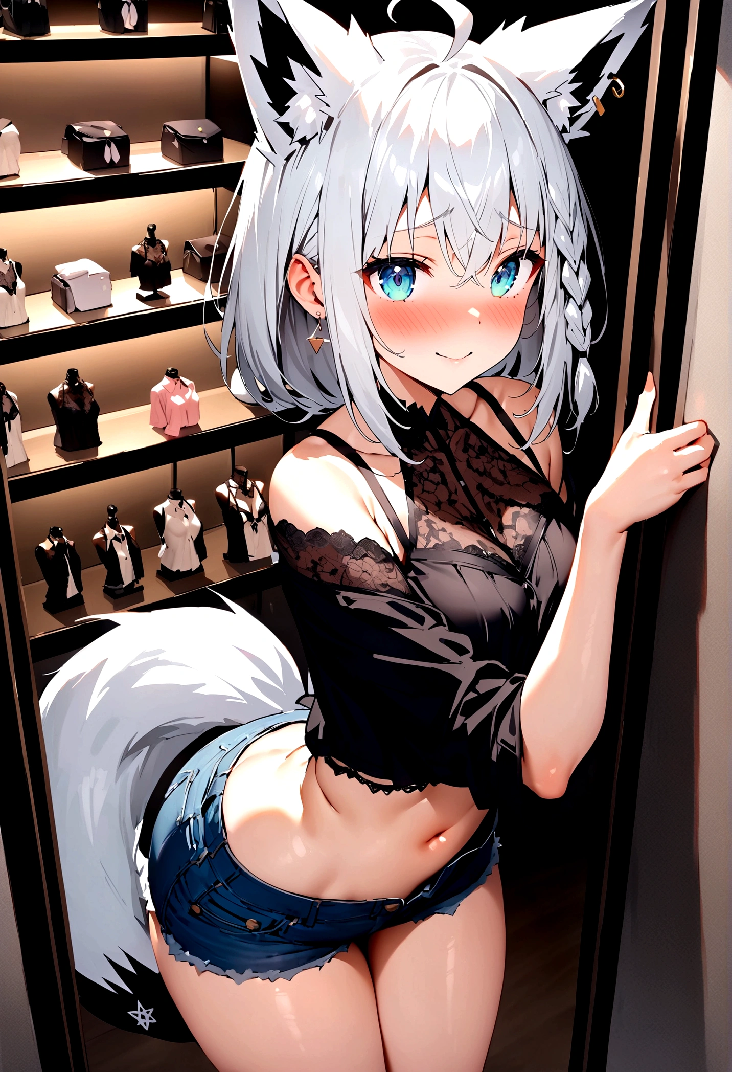NSFW,masterpiece,Highest quality,High resolution,Super detailed,Shirakami Fubuki\(Hololive\),Gray Hair、One-sided braid、Ahoge、Earrings,Fox ears,Fox tail,Jacket,Crop top shirt,Denim shorts,Embarrassed,blush,Expecting face,Bewitching Smile,Shy smile,Lingerie Shop,Underwear section,High-end store,Cute pose,Date,(Seduce),From above,From the side