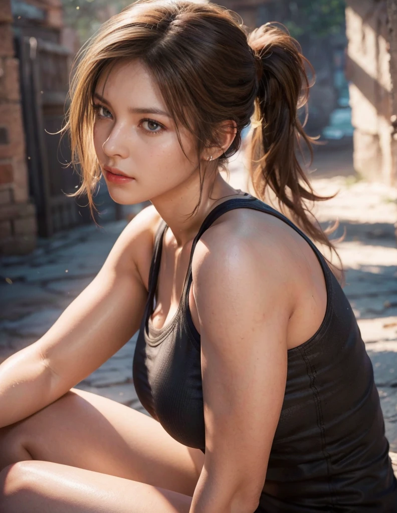 Lara Croft, brown eyes, (best quality, ultra-detailed), (realistic:1.37), beautiful and detailed face, ultra-realistic texture, delicate face, delicate body, red lipstick, bright colors. high definition, 8K,