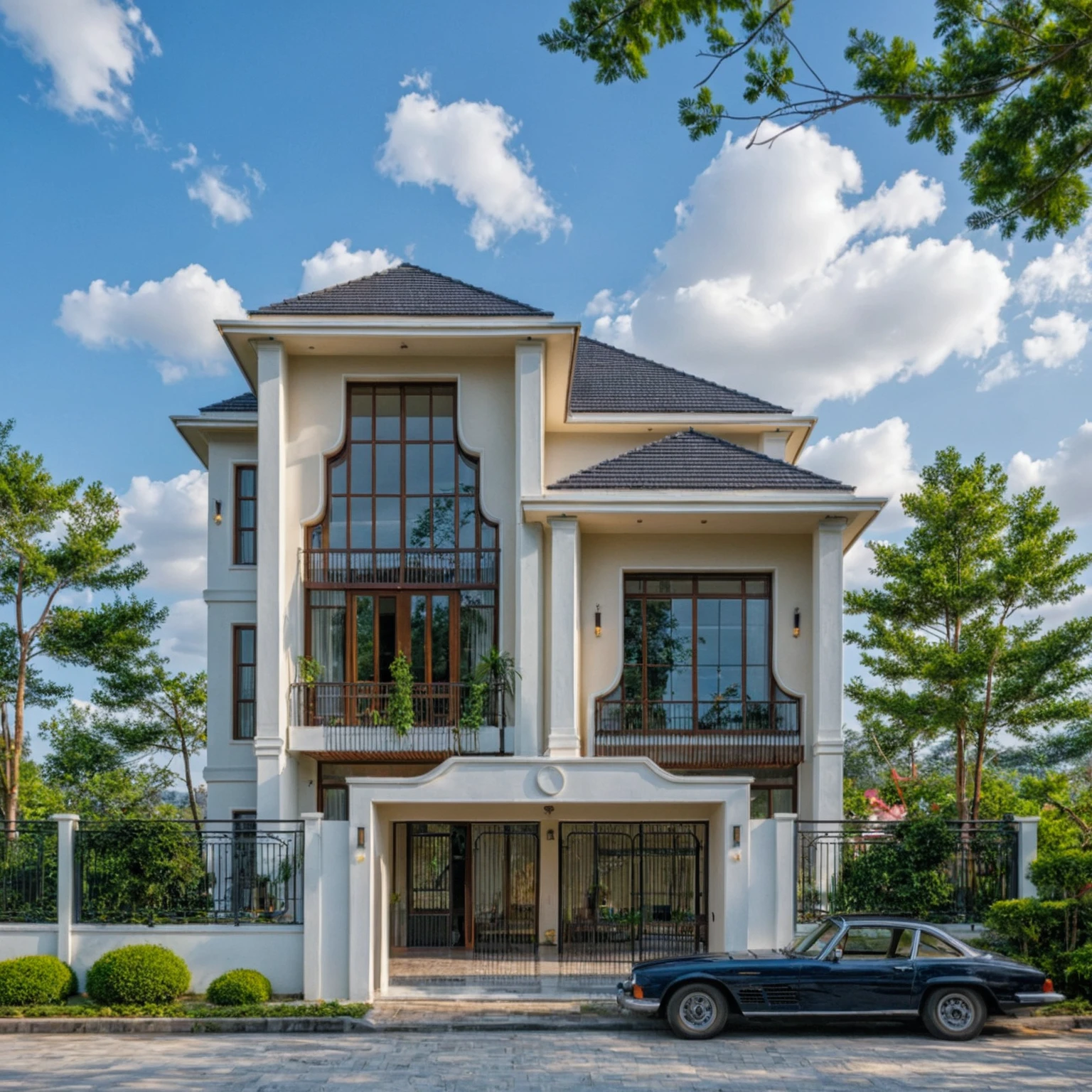 Masterpiece, 4k pixcel, high quality, best quality, authentic, super detail, outdoors, onestoreyvillaXL, aiaigroup ,stairs, white wall ,road,pavement, grass, trees, sky, cloud, (daylight:1.1) swimming pool, Increase image clarity, classic style, indochine style house on street