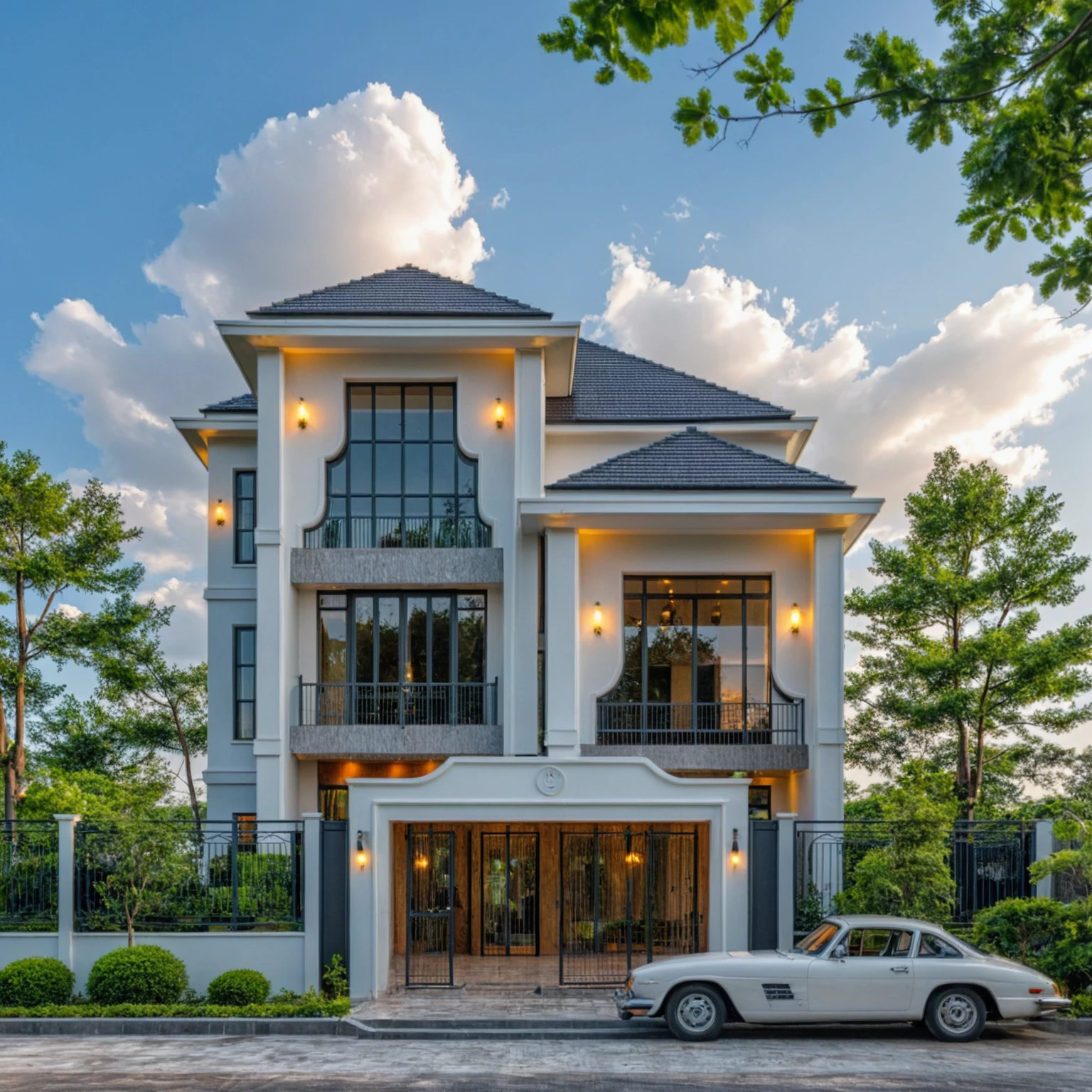 Masterpiece, 4k pixcel, high quality, best quality, authentic, super detail, outdoors, onestoreyvillaXL, aiaigroup ,stairs, white wall ,road,pavement, grass, trees, sky, cloud, (daylight:1.1) swimming pool, Increase image clarity, classic style, indochine style house on street
