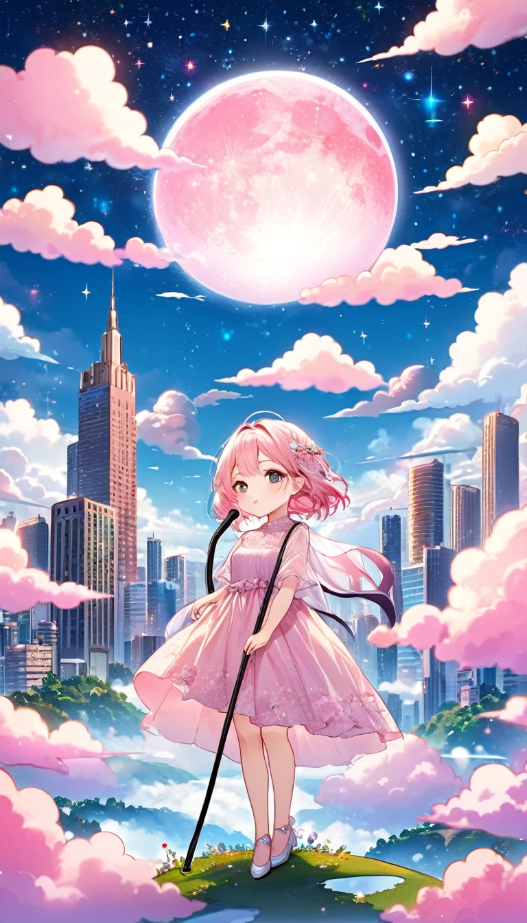 chibi, super deformed, dream fantasy story, best quality, super fine, 16k, 2.5D, delicate and dynamic depiction, (cute in dress holding cane standing on high ground), city in the sky above the clouds, clouds in vivid and pastel colors, city of modern buildings, beautiful blend with nature, river, bright starry sky, pink moon, sparkly and fluffy image effect, artwork with vibrant colorful colors, detailed decorated backgrounds