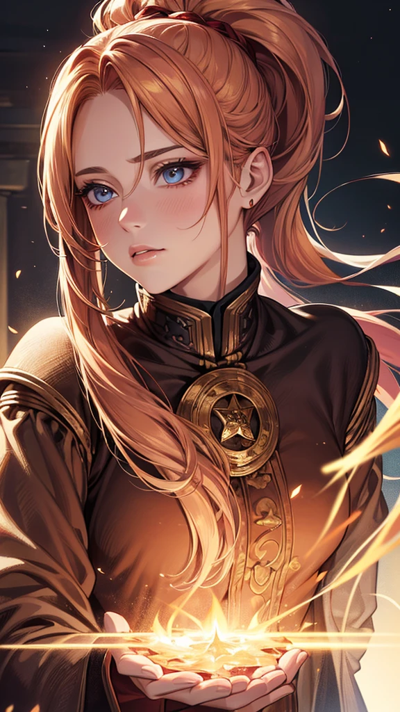 Highest quality, Ultra-high resolution, (Realistic: 1.4), Beautiful eyes, Super beautiful, Beautiful beauty, One person、Wizard, Western style red tones、inflammation、whole body、(Golden Hair、ponytail),Beautiful soldier, Eyes that beckon, Droopy eyeistress&#39;s point of view, Attractive look, Fearless smile,  (Perfect Anatomy, Anatomically correct, Highly detailed skin), Dancing, 