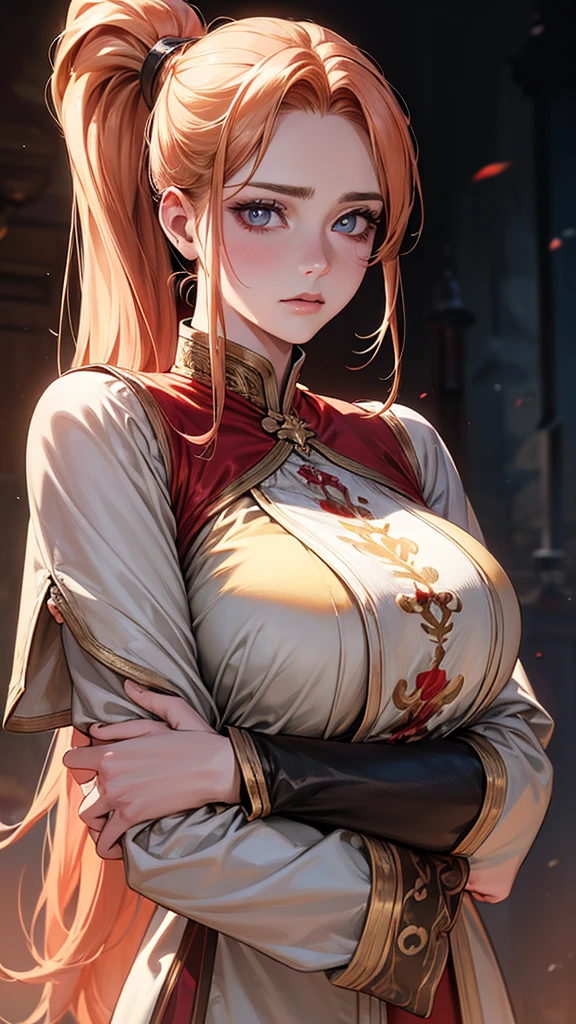 Highest quality, Ultra-high resolution, (Realistic: 1.4), Beautiful eyes, Super beautiful, Beautiful beauty, One person、Wizard, Western style red tones、inflammation、whole body、(Golden Hair、ponytail),Beautiful soldier, Eyes that beckon, Droopy eyeistress&#39;s point of view, Attractive look, Fearless smile,  (Perfect Anatomy, Anatomically correct, Highly detailed skin), Dancing, 