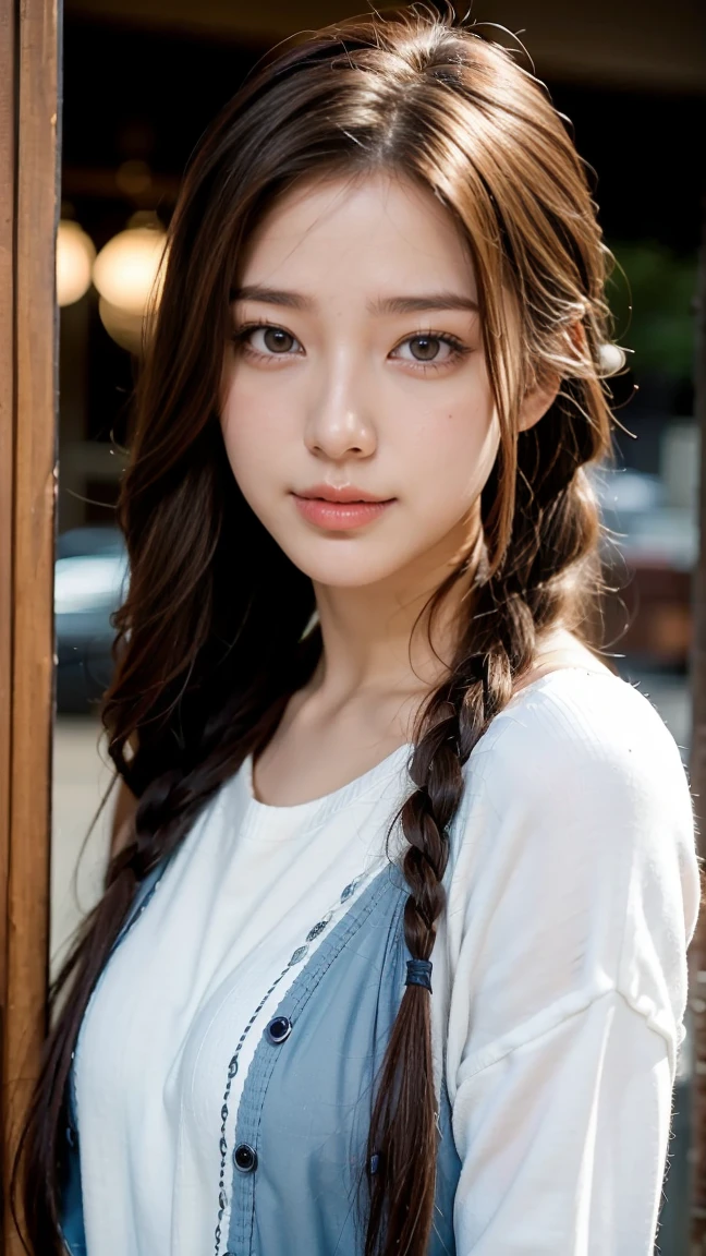 25-year-old Caucasian female、Dark Blonde、blue eyes、Long Hair、Hair set、Her hair is loosely braided、It's about shoulder-length.、smile、Wrist Accessories、A slim but well-proportioned muscular body、smile、Large Breasts、Wearing a dress、Wear a cardigan over a jacquard dress、I'Iはゆったりしたスカートを着ています、smile、tall、Wearing Sandals、I'Iは近くのスーパーで買い物をしています.、Push Cart