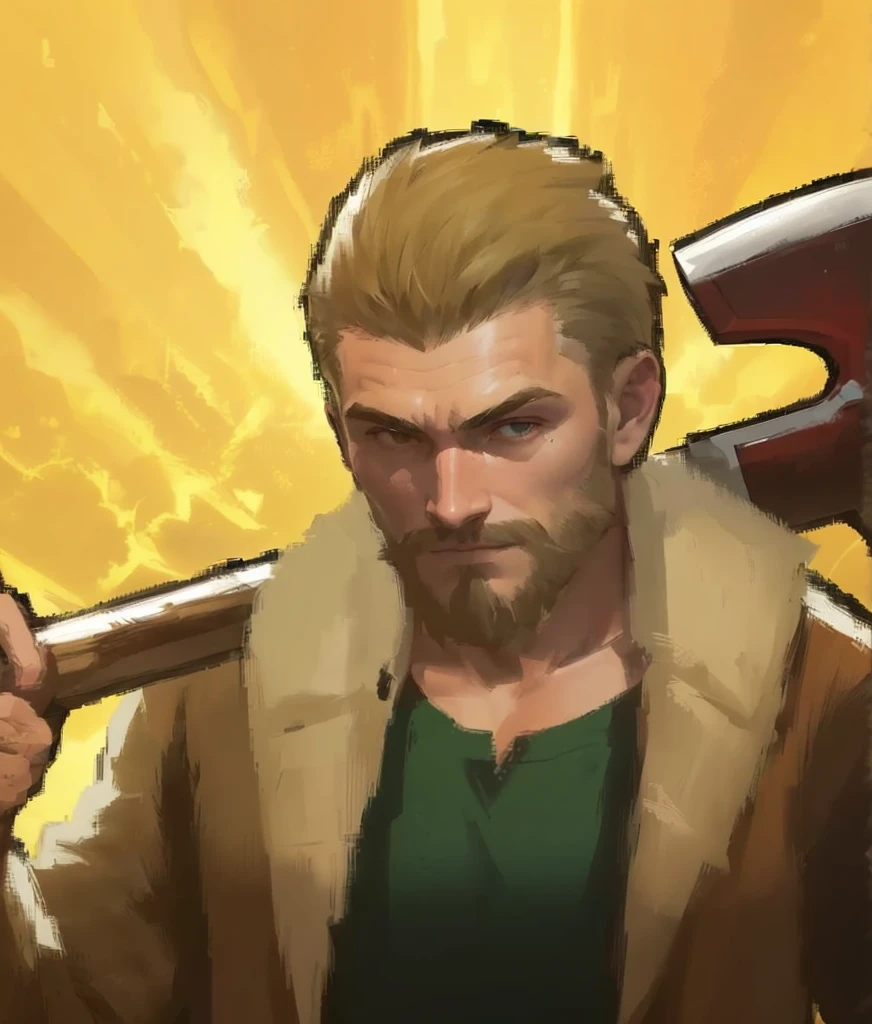 a close up of a man holding a large ax in his hand, godsent, holding axe, wielding an axe on each hand, wielding a huge great axe, lumberjack, wielding an axe, attacking with axe, avatar image, holding an axe, with axe, with a two handed axe, style of the game rimworld, mechanic, with an axe