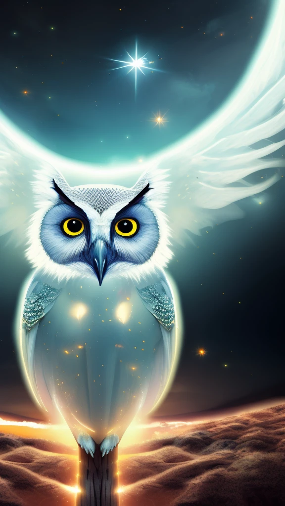 A white owl looking into space, dream-like, shine, Bewitched, Volumetric Light, Ultra HD, Beautiful fantasy art