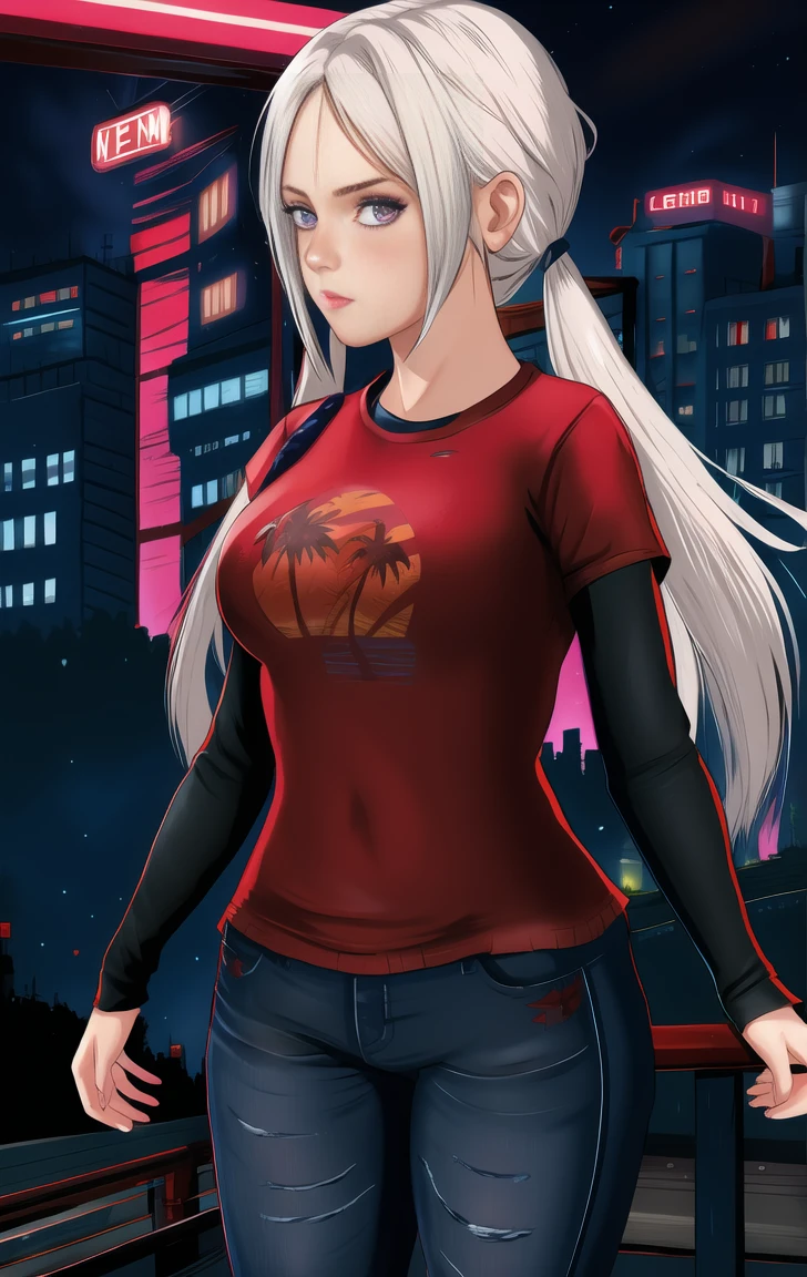 red shirt, long sleeves, standing, twintails, neon lights, night, looking at viewer, large breasts, blue jeans, solo, edelgardacademy, white hair, purple eyes, elliet1