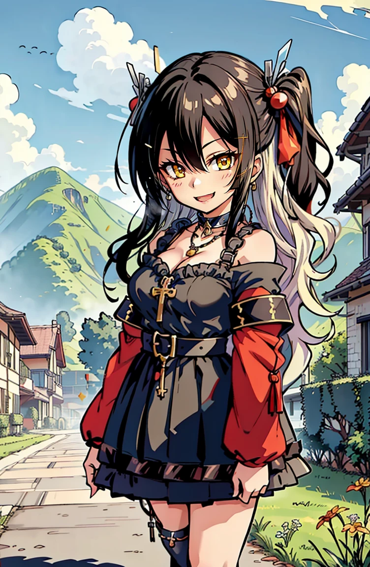 (masterpiece:1.2), (high quality:1.2), (hui xiyi:0.75), rekkyo sensen, rekkyou sensen, (chibi girls:1.45), solo focus, girls with((black hair, tits cleavage, exposed breasts, breasts close up, dress, blue clothes, ribbon belt, off-shoulder sleeves, long sleeves, furry jacket, frills shirt, frills camisole, straps, (rosary choker, golden rosary, cross:1.05), left legwear, white legwear, high heels, shoes, (long wavy hair, one side up:1.4))), background with ((architecture, blue sky, building, bush, castle, village, no humans, cloud, cloudy sky, day, fence, field, garden, grass, hill, house, lamppost, landscape, mountain, mountainous horizon, nature, no humans, outdoors, scenery, shrine, sky, tower)), cowboy shot, anime, anime style