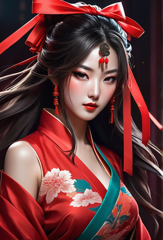 A beautiful woman dressed in red, blindfolded, with long hair draped over her shoulders and a ribbon wrapped around her forehead, is depicted in the style of anime art illustrations in ancient Chinese costumes. She is set in a fantasy world with a dark vibe similar to game concept designs. The artwork features ultra-detailed facial features and a perfect body shape illuminated by natural light. She is dressed in simple colored solids in a flat painting style with ultra-high definition and super-detail resolution.