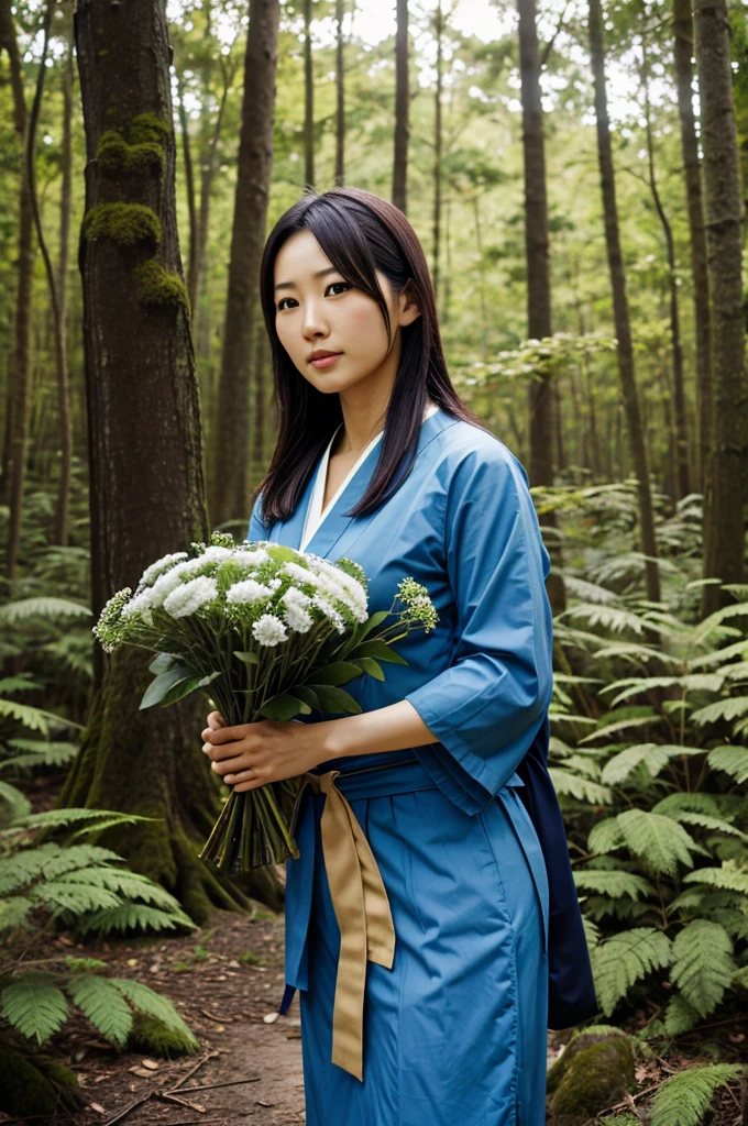 Realistic, Japanese woman in forest, holding bunch of flowers