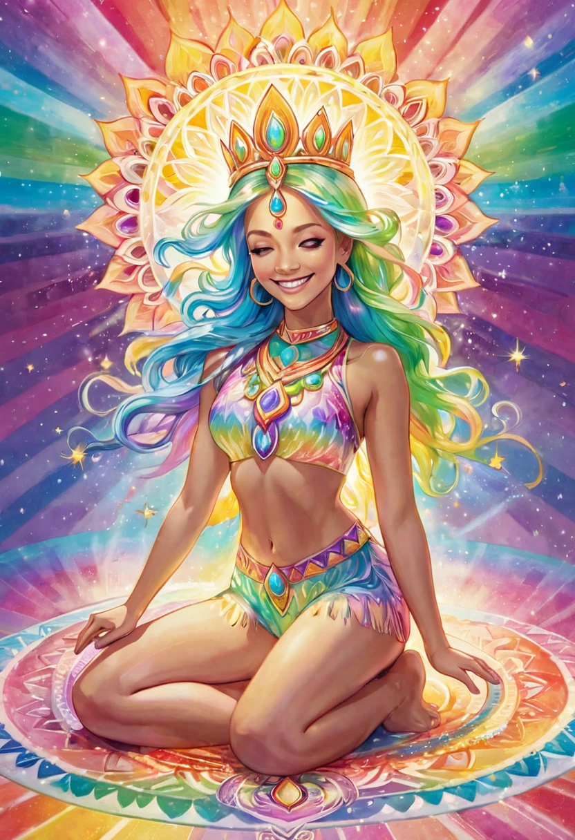 Goddess in the light of a large chakra mandala, crown, smile, meditation, enlightenment, inspiration, shooting star, pastel colored rainbow light