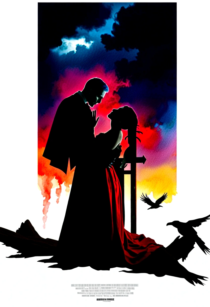 A watercolor on white paper, depicting a gruesome scene. A blue-haired femme fatale stabs her lover, a priest, in the back. The man with his back to her is surprised by the betrayal, shocked, his eyes praying to God. The background is a dramatic mix of dark, moody colors, with a stormy sky and silhouettes of trees and crows. The overall composition is cinematic and has a striking visual impact, making it perfect for a poster or illustration., painting, poster, cinematic, illustration