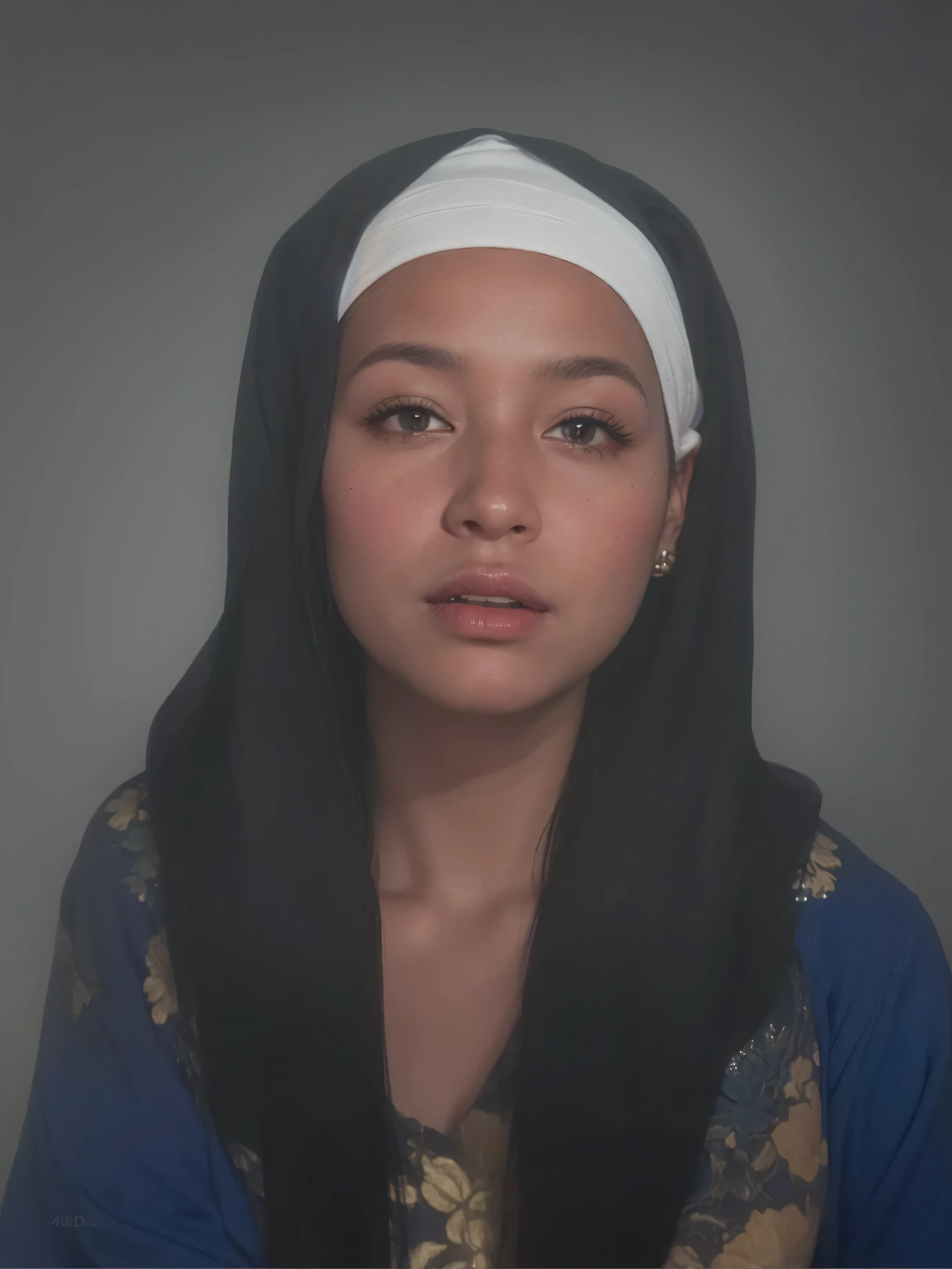 Make this photo look realistic and detailed, there is a woman with a white head scarf and a blue shirt, photo of a woman, somali woman, 30-year-old woman from cuba, woman portrait, full face portrait, realistic restored face, photographic portrait, photo of a black woman, portait image, aida muluneh, portrait of a 40 years old women, portrait of woman's face, very detailed potrait, realistic portrait photo, close up potrait, profile portrait, very detailed face, very realistic face, very perfected face, very detailed clothes, very realistic clothes, very perfected clothes