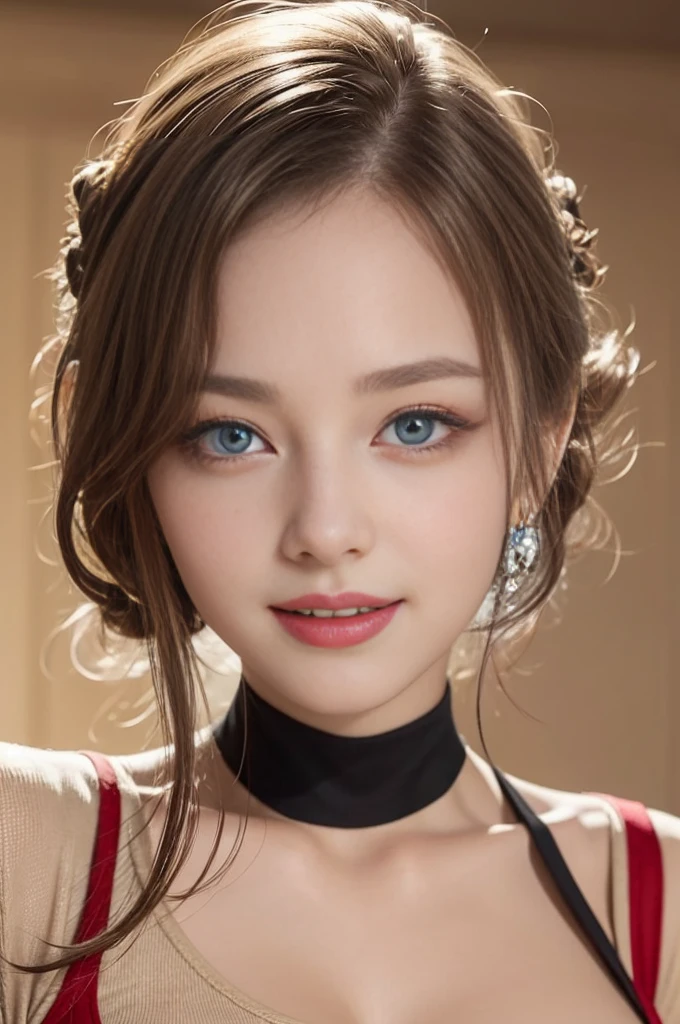 a russian and Ukrainian lady,highest quality.blue eye,woman posing confidently in front of a crisp background, . Radiant smile illuminates her face as she showcases her toned physique in t shorts and crop top. Camera zooms in with sharp focus on her eyes, highlighting individual skin pores and every detail. Shot in 8K high definition, perfectly lit to emphasize her beauty. Edited in Adobe Lightroom for optimal color accuracy, A soft and ethereal beige and red bodysuit,