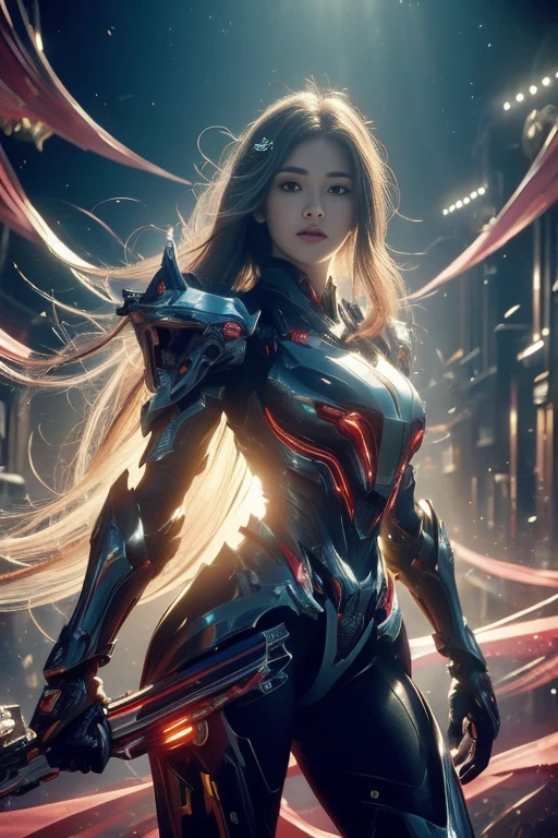 (masterpiece, Top quality, best quality, Official Art, beautiful and aesthetic:1.2), (1 Girl), (Fractal Art:1.2),absurd, high resolution, Extremely detailed, Ultra-precise depiction, Solitary, (tangled:1.2), Flowing hair, Glowing skin, (Abstract:1.2), Pantyhose,Looking at the audience, Cyberpunk Robot, complex, Halo,