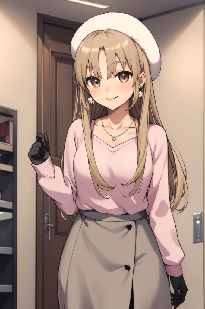 ccsister, long hair, white headwear, earrings, collarbone, necklace, pink sweater, long sleeves, black gloves, plaid skirt, grey skirt, black pantyhose,,looking viewer,smile,indoor