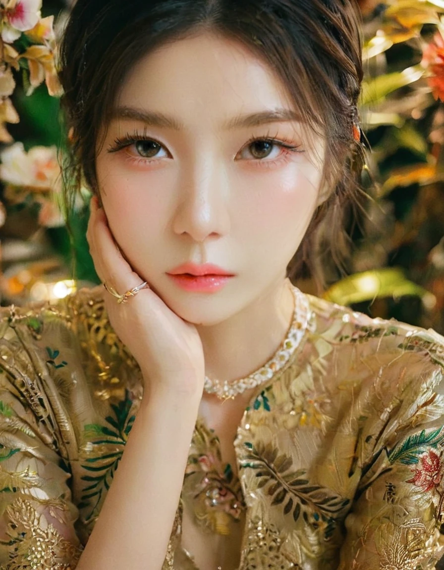 beautiful detailed eyes, beautiful detailed lips, extremely detailed eyes and face, long eyelashes, 1 girl, asian woman, wearing traditional kebaya dress, graceful pose, serene expression, ornate floral pattern, elegant accessories, golden jewelry, lush tropical foliage background, soft lighting, cinematic composition, photorealistic, 8k, high quality, masterpiece