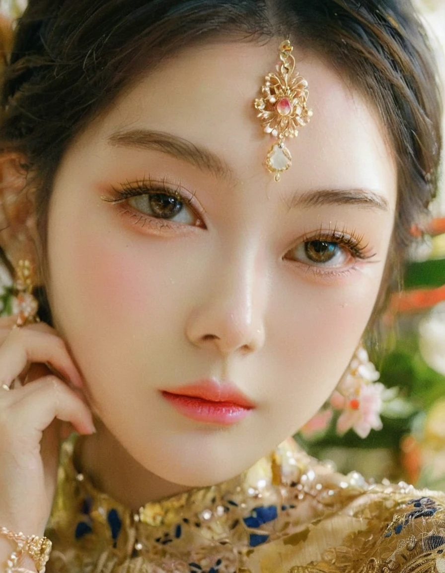 beautiful detailed eyes, beautiful detailed lips, extremely detailed eyes and face, long eyelashes, 1 girl, asian woman, wearing traditional kebaya dress, graceful pose, serene expression, ornate floral pattern, elegant accessories, golden jewelry, lush tropical foliage background, soft lighting, cinematic composition, photorealistic, 8k, high quality, masterpiece