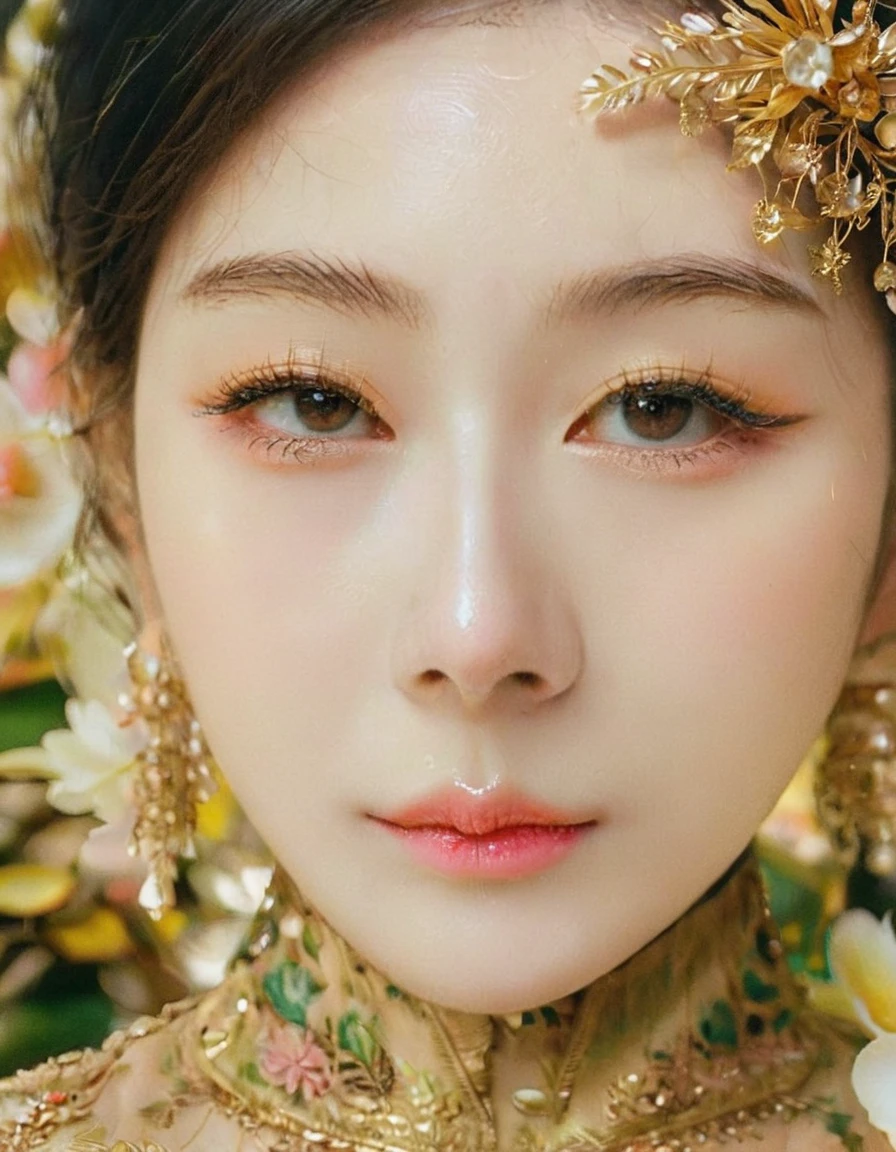 beautiful detailed eyes, beautiful detailed lips, extremely detailed eyes and face, long eyelashes, 1 girl, asian woman, wearing traditional kebaya dress, graceful pose, serene expression, ornate floral pattern, elegant accessories, golden jewelry, lush tropical foliage background, soft lighting, cinematic composition, photorealistic, 8k, high quality, masterpiece
