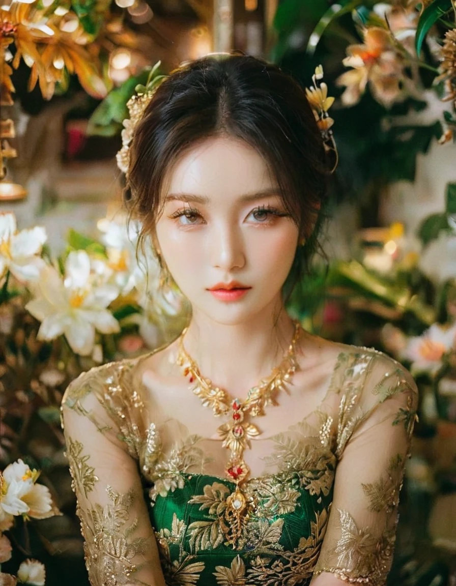 beautiful detailed eyes, beautiful detailed lips, extremely detailed eyes and face, long eyelashes, 1 girl, asian woman, wearing traditional kebaya dress, graceful pose, serene expression, ornate floral pattern, elegant accessories, golden jewelry, lush tropical foliage background, soft lighting, cinematic composition, photorealistic, 8k, high quality, masterpiece