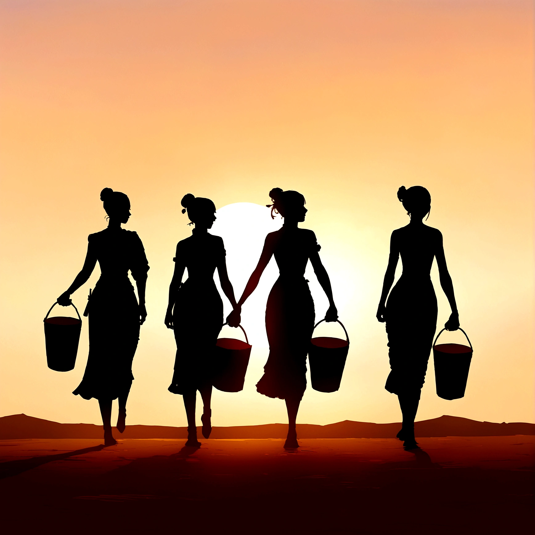 women carrying buckets of water, silhouette against a SUNSET dusk, moving from left to right, horizon, rule of thirds,Heterogeneous skin tone, horizon,African standards,S-shaped, Cultural art, SUNSET, 8K, Full body like,best qualityer, work of art, super detaill, High details, high qualiy, best qualityer, A high resolution,realisitic