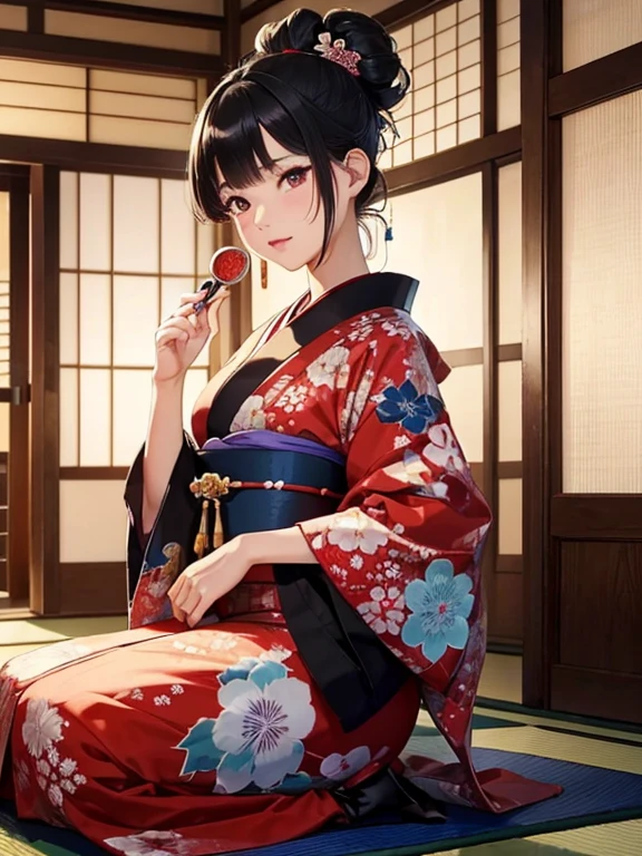 (Highest quality、masterpiece、High resolution、8K)、ukiyo-e、Utamaro、Vibrant colors、A town girl from the Edo period、whole body、Utamaroの絵のモデル,Her hair is black and beautifully tied in a round topknot.、Decoration、The kimono has a colorful floral pattern、Sitting sideways、The hem of the kimono is turned up, exposing a part of it..、Holding a mirror in one hand、Another hand holds lipstick to her lips、Gestures and facial expressions of the model、Official Art、It is a tatami room.There is a candle light placed、Japanese-style room、